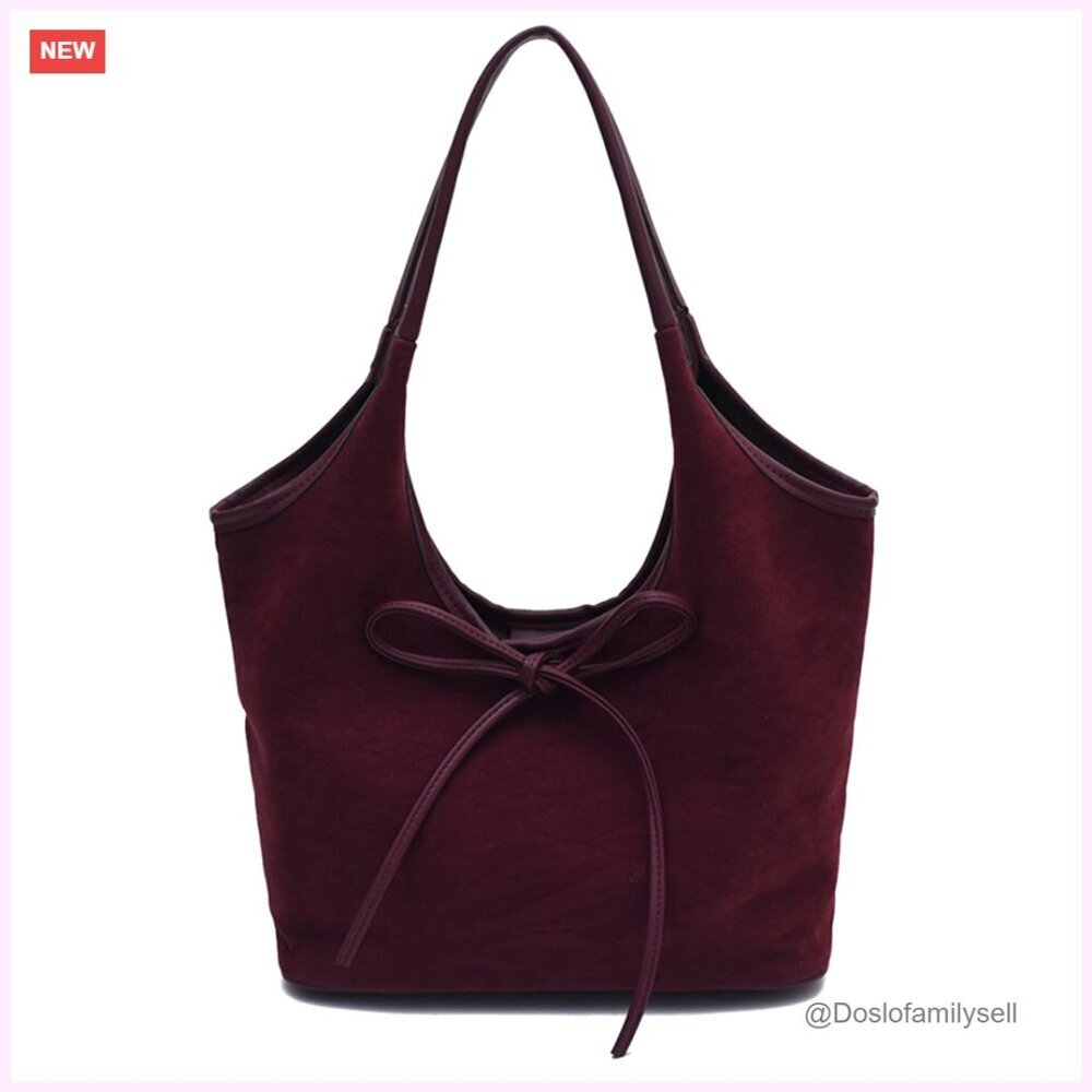 Faux Suede Tote Bag Elegant Hobo Handbag Work Purse with Bow